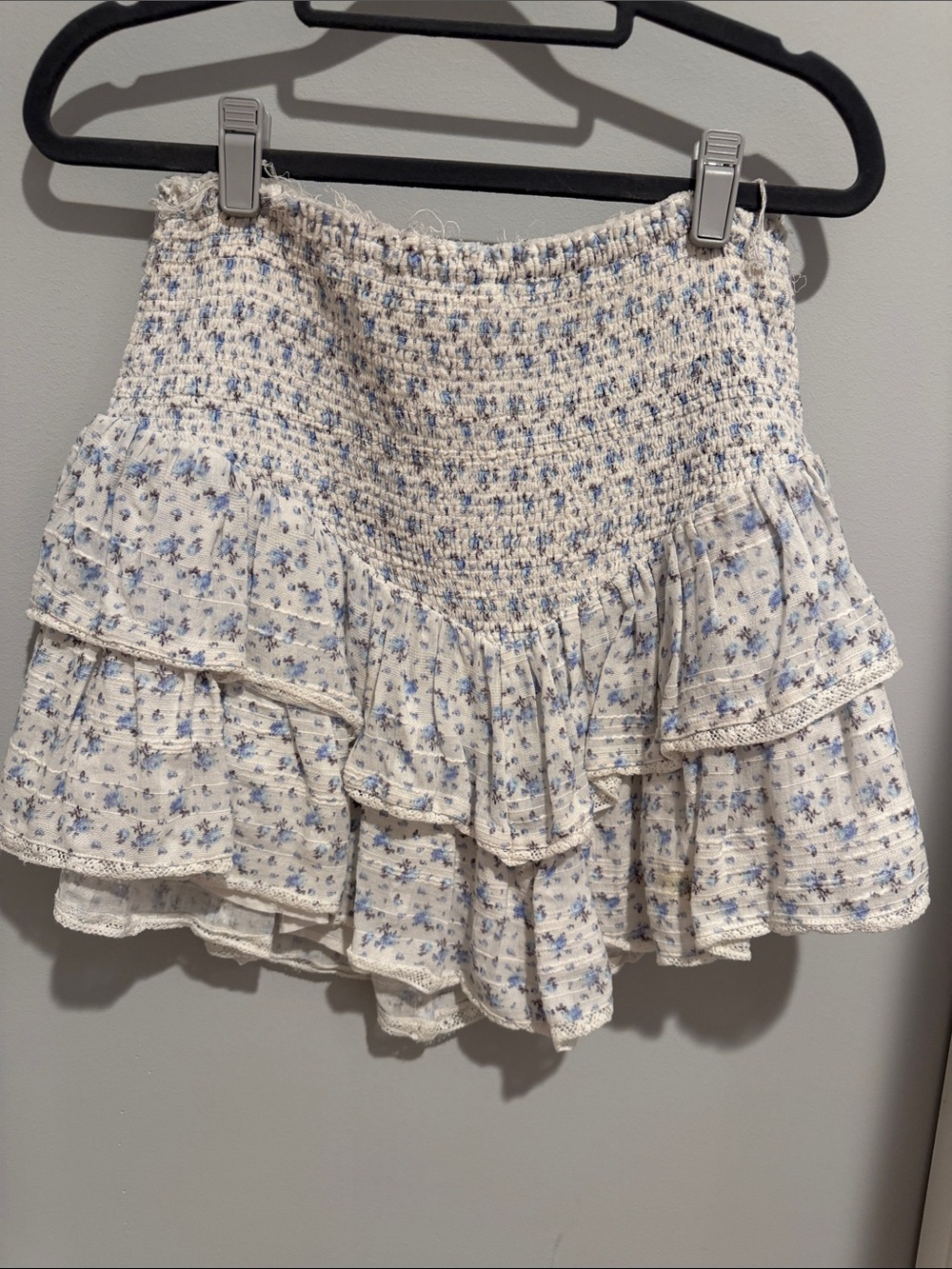 LoveShackFancy Cream Mini Skirt with Blue Floral Print